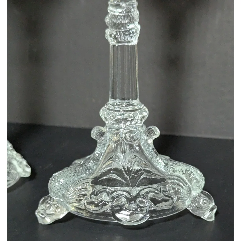 Vtg Clear European Pressed-Glass Koi Fish/Dolphin-Footed Candlesticks (Pair)